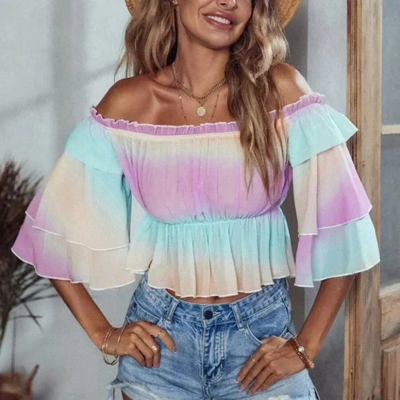 Off Shoulder Frill Trim Layered Sleeve Peplum Crop Ombre Blouse - Picture 6 of 7